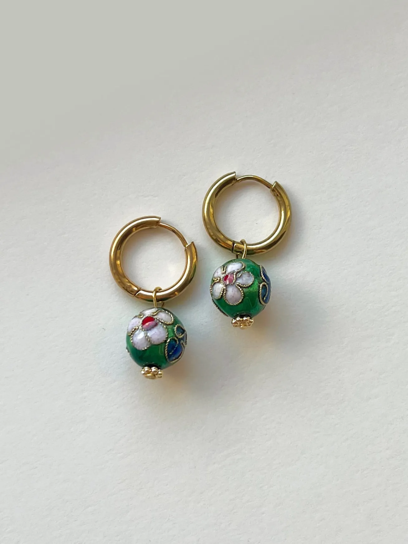Green Flower Cloisonne Hoops