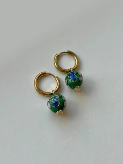 Green Flower Cloisonne Hoops