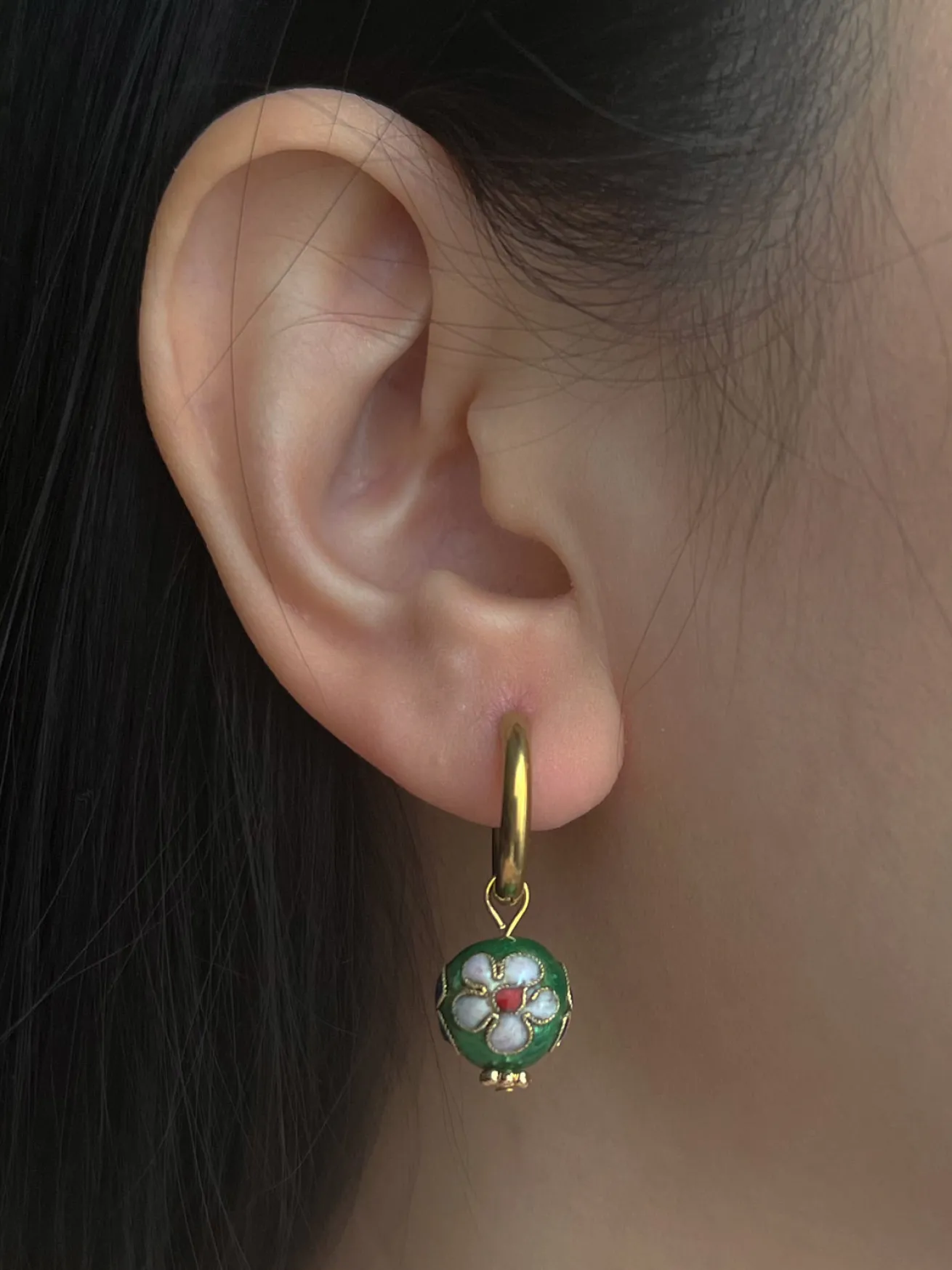 Green Flower Cloisonne Hoops