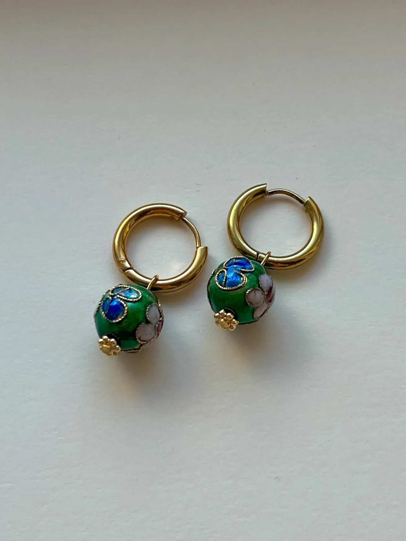 Green Flower Cloisonne Hoops