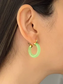 Green Jade Hoops (Gold tone)