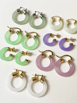Green Jade Hoops (Gold tone)