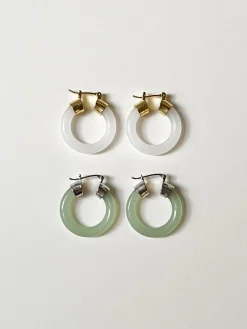 Green Jade Hoops (Silver tone)