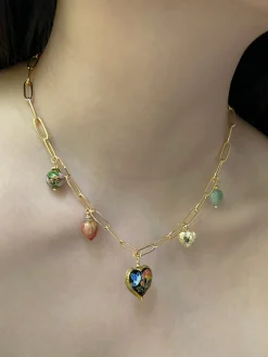 Heart Cloisonne Charm Necklace - Black Heart/Dried Rose