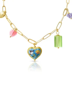 Heart Cloisonne Charm Necklace - Blue Heart/Glass Crystals