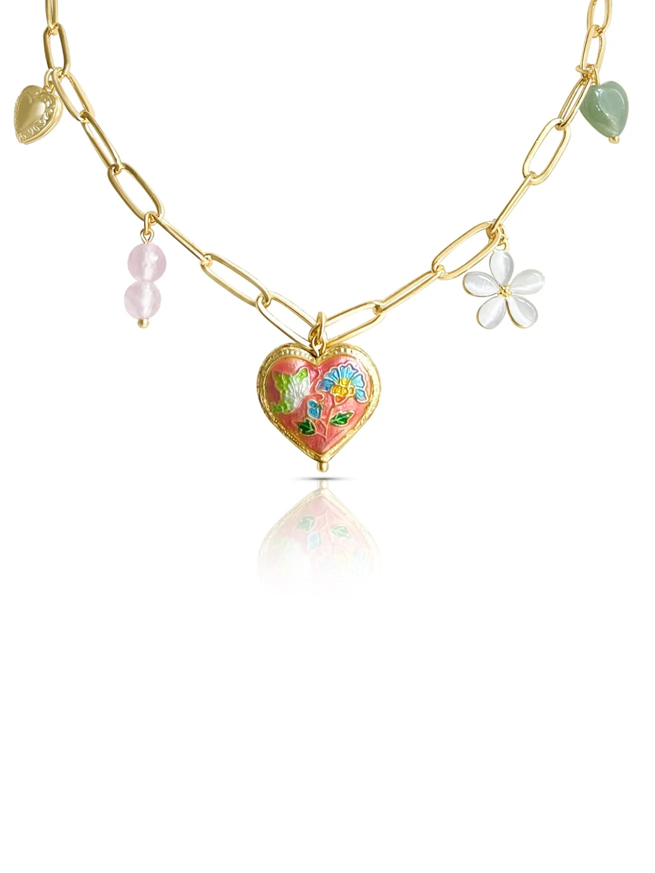 Heart Cloisonne Charm Necklace - Pink Heart/Romantic