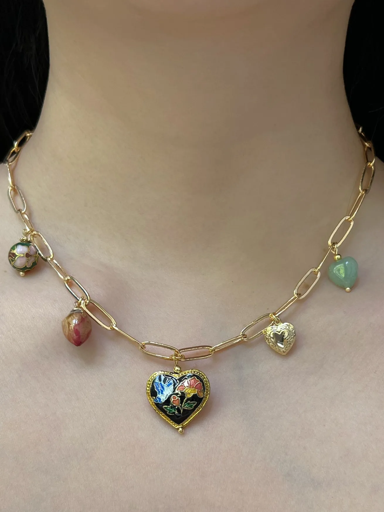 Heart Cloisonne Charm Necklace - Black Heart/Dried Rose