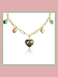 Heart Cloisonne Charm Necklace - Black Heart/Dried Rose