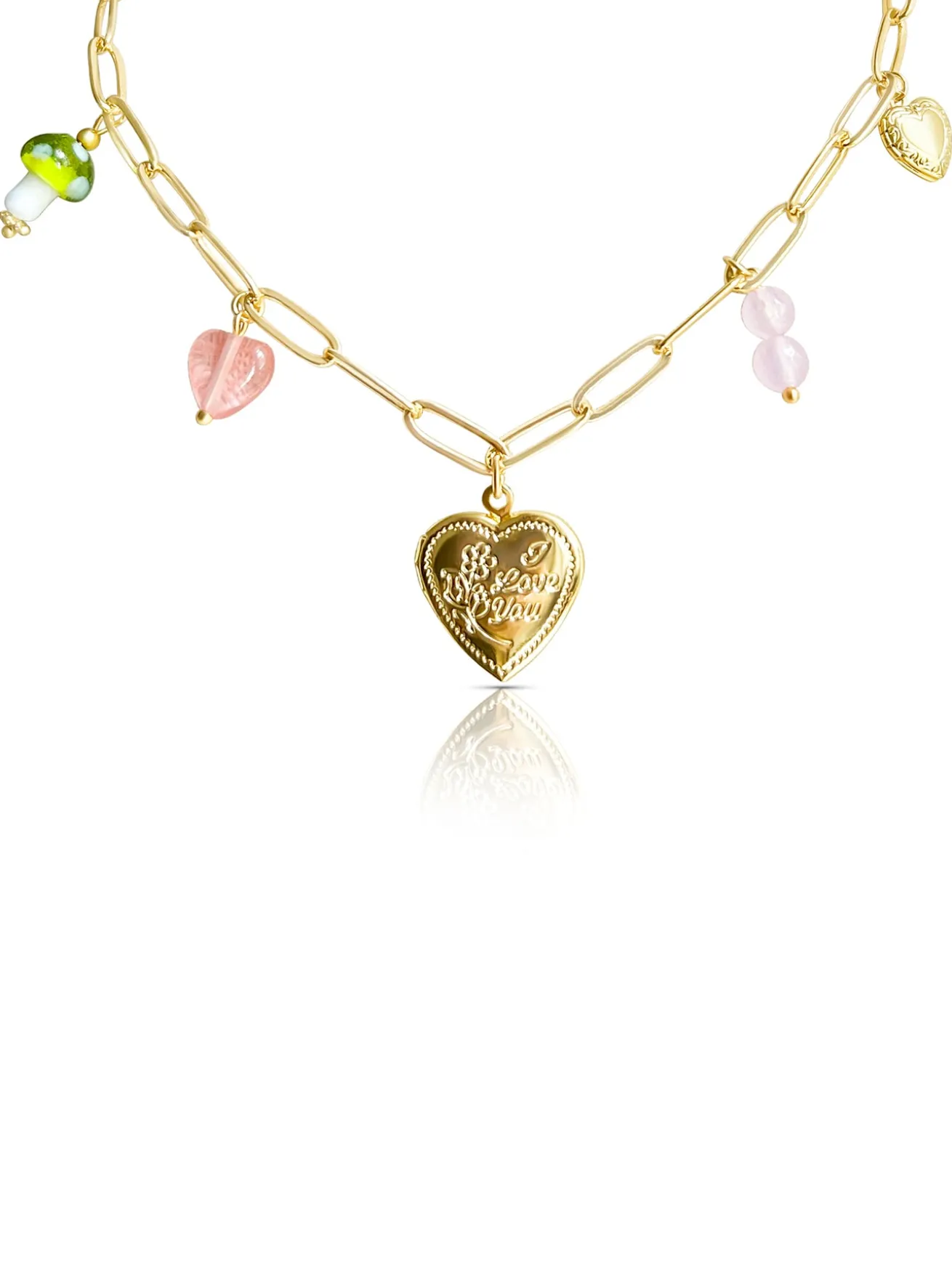 Heart Locket Charm Necklace with Mushroom - Springtime