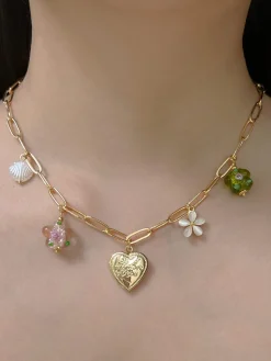 Heart Locket Charm Necklace - Glass Flowers