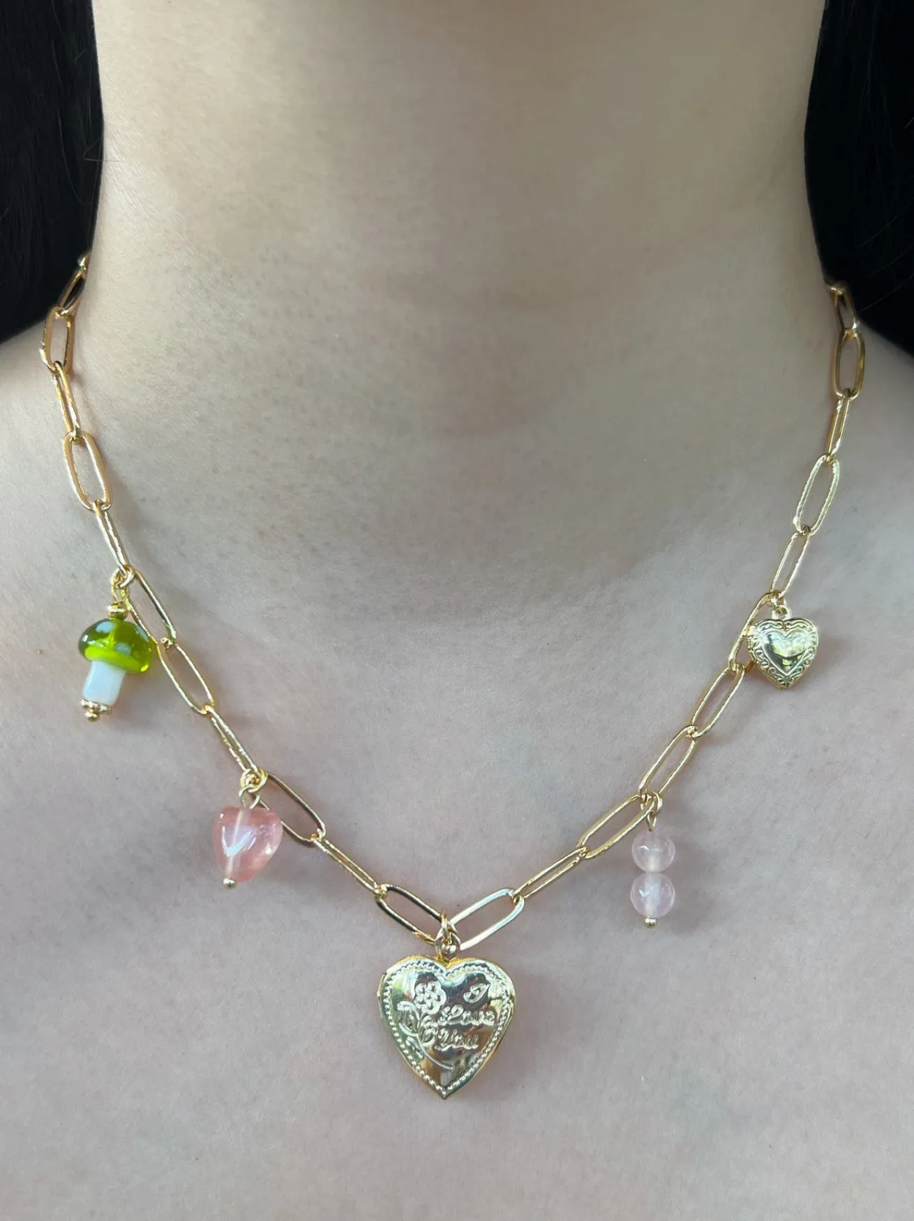 Heart Locket Charm Necklace with Mushroom - Springtime
