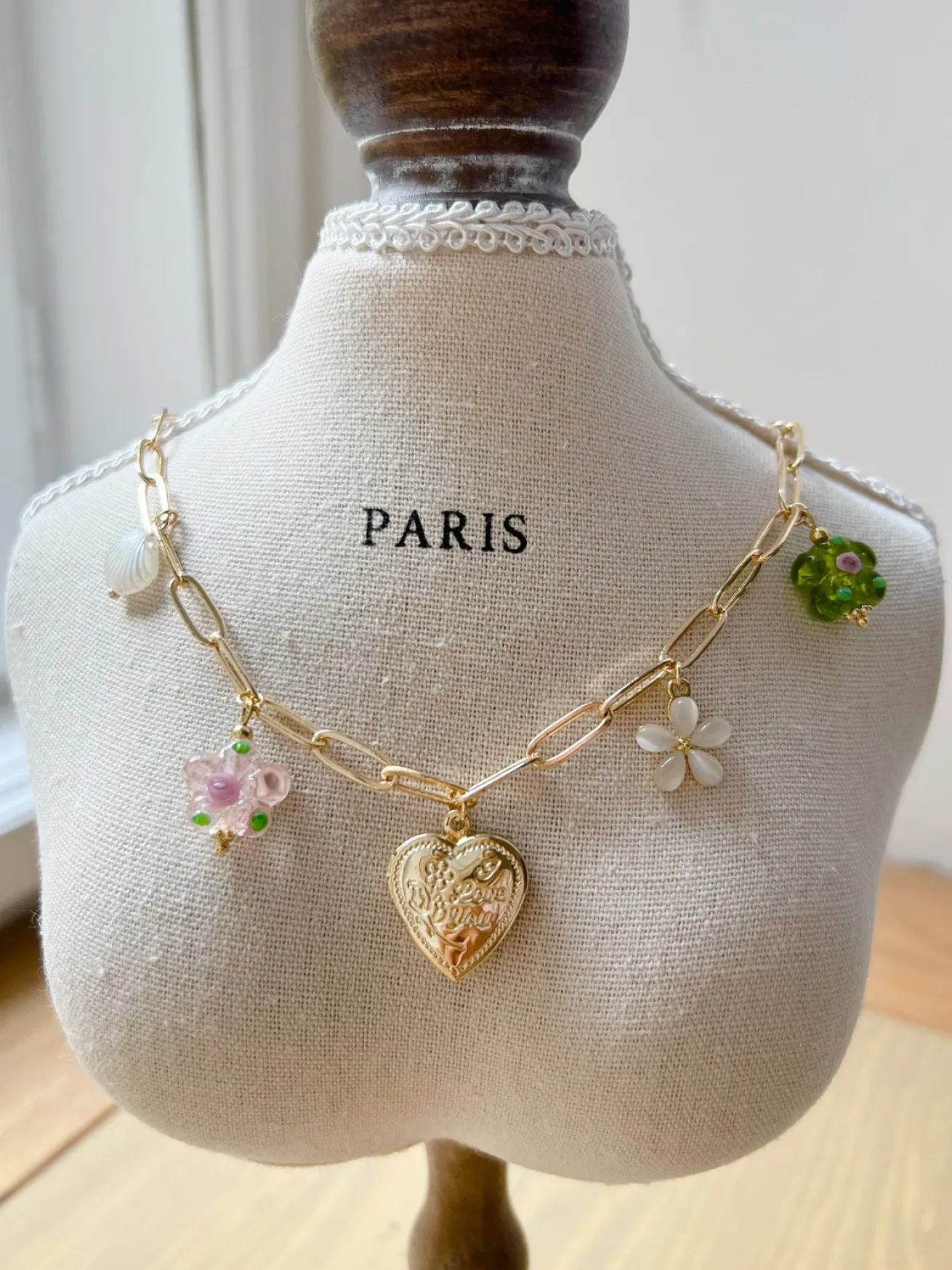 Heart Locket Charm Necklace - Glass Flowers