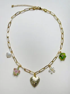 Heart Locket Charm Necklace - Glass Flowers