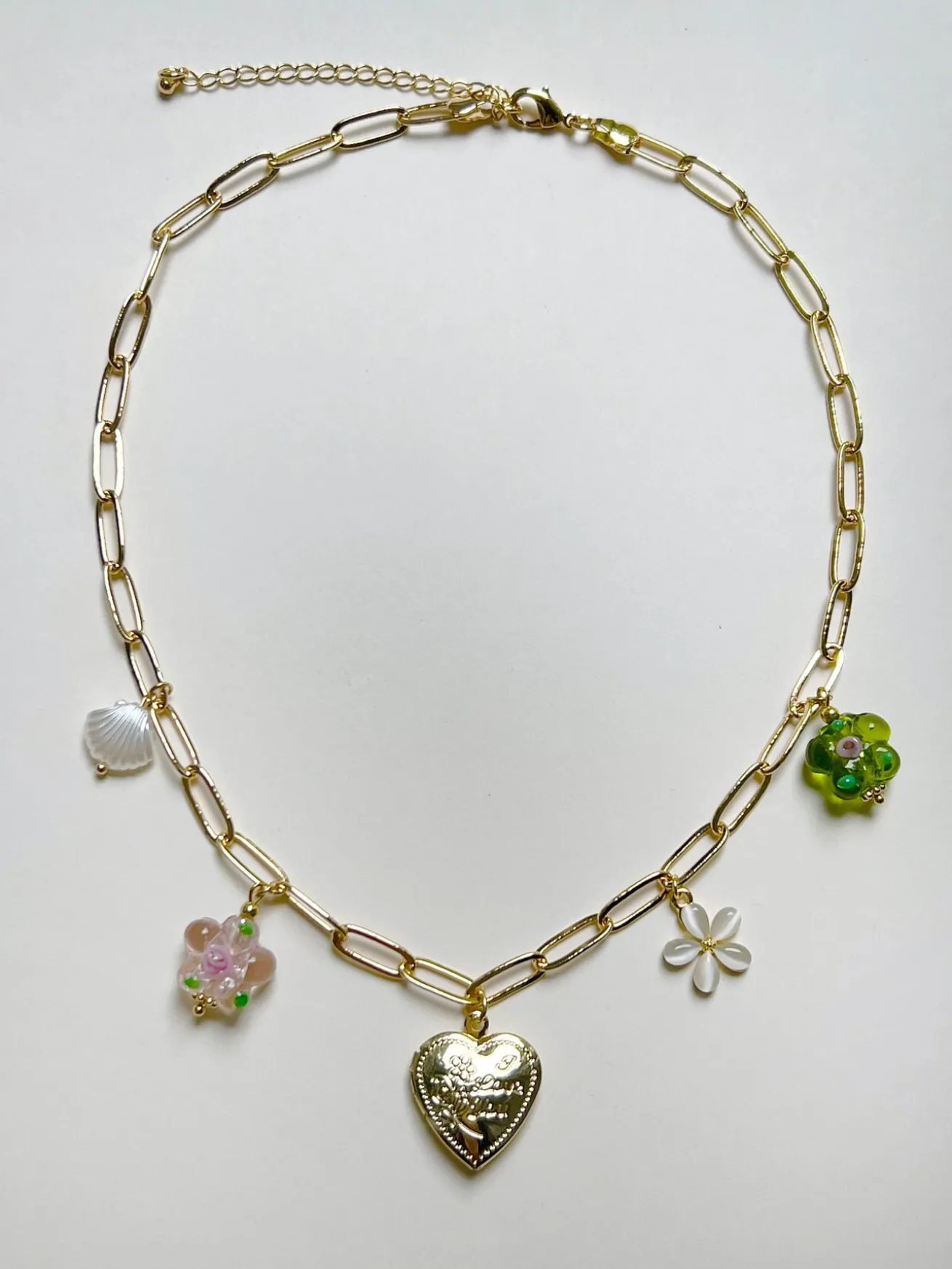 Heart Locket Charm Necklace - Glass Flowers