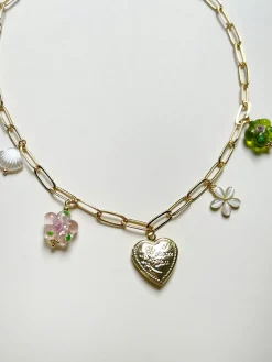 Heart Locket Charm Necklace - Glass Flowers