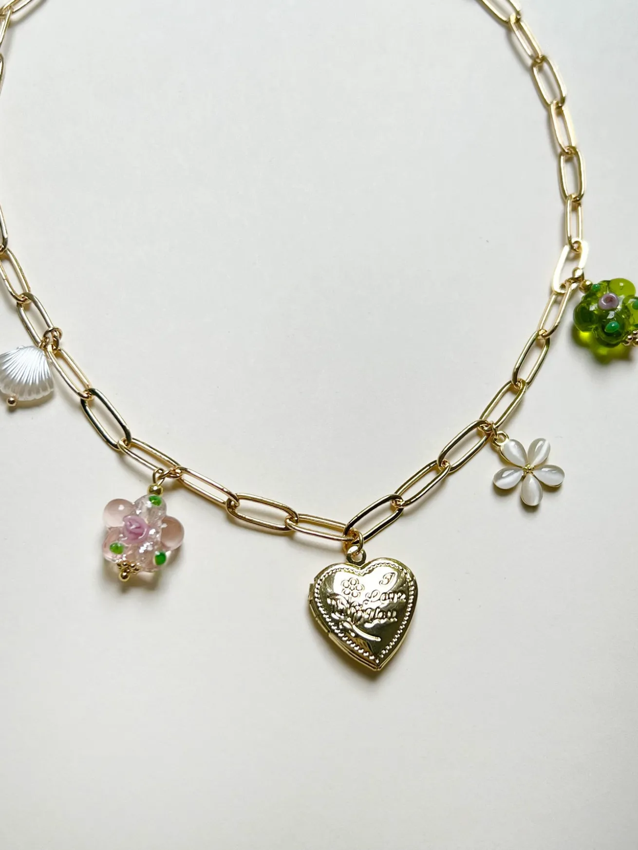Heart Locket Charm Necklace - Glass Flowers