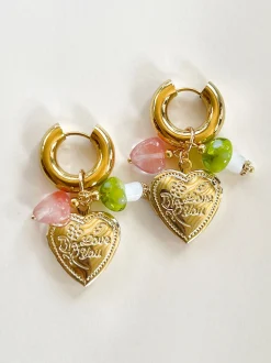 Heart Locket Chunky Hoops - Green Mushroom/Watermelon heart crystal