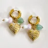 Heart Locket Chunky Hoops - Pink Mushroom/Jade heart crystal