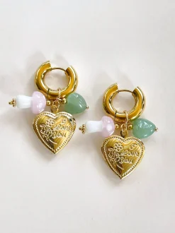 Heart Locket Chunky Hoops - Pink Mushroom/Jade heart crystal