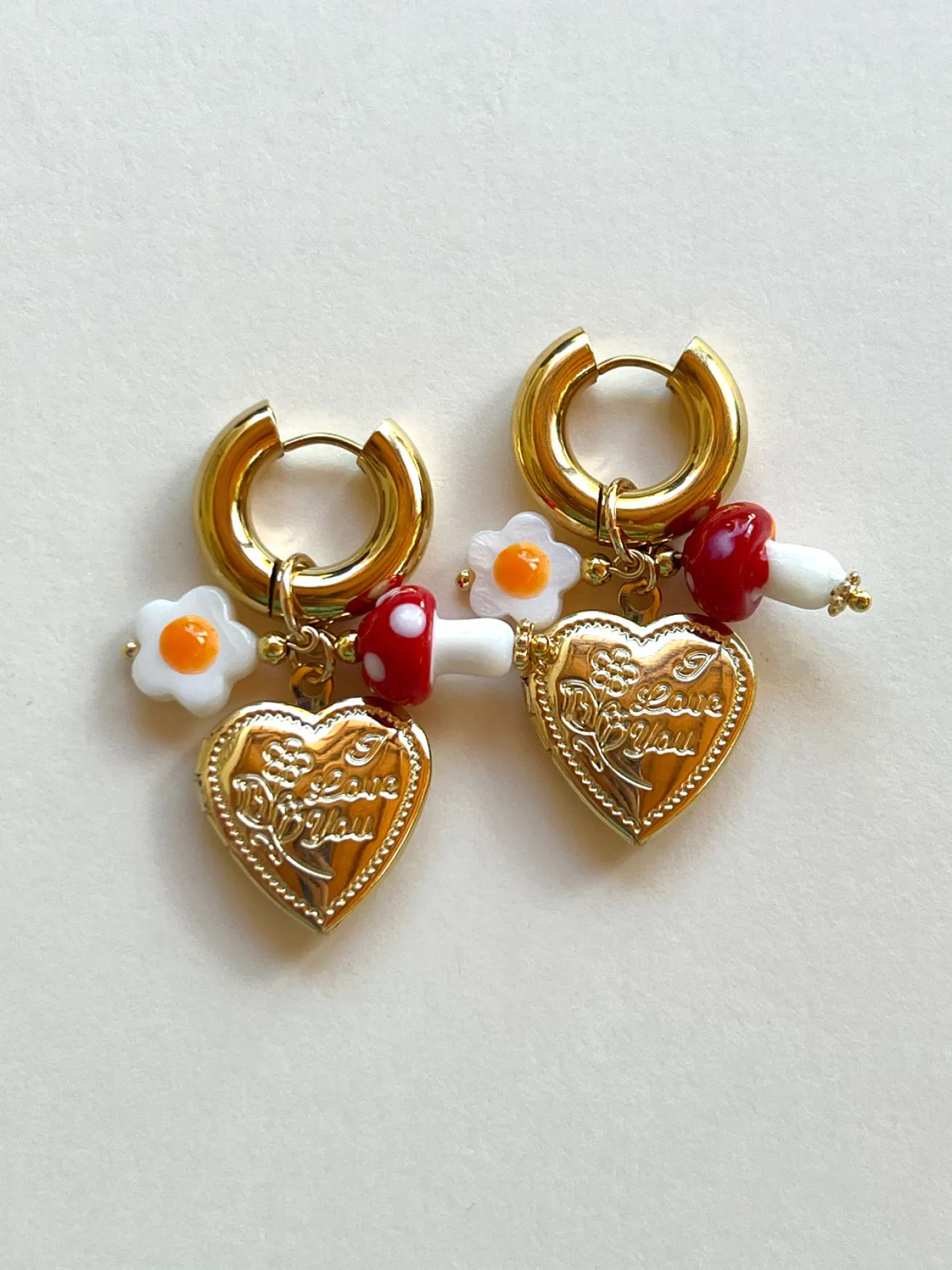 Heart Locket Chunky Hoops - Red Mushroom/Eggy Flower