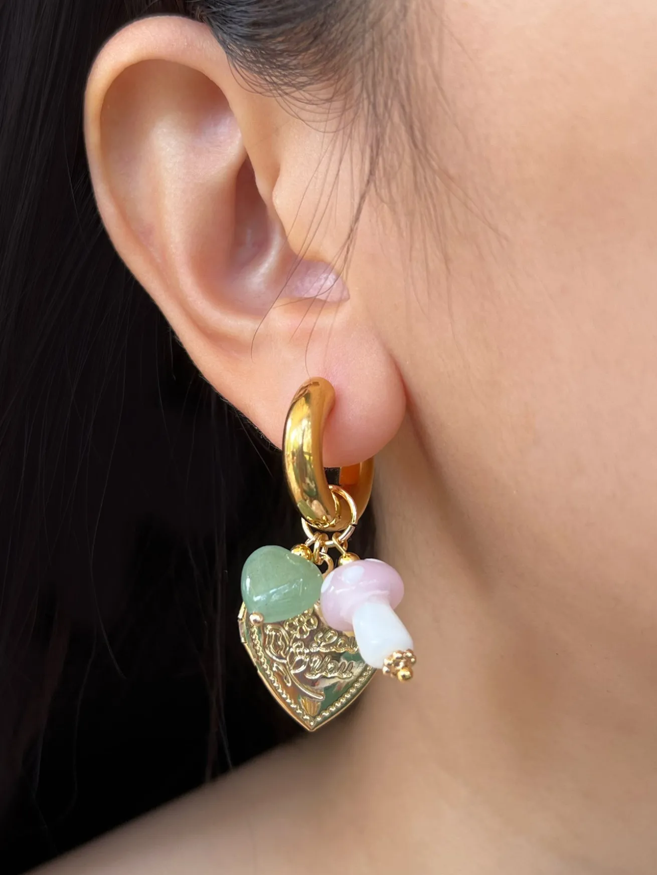 Heart Locket Chunky Hoops - Pink Mushroom/Jade heart crystal