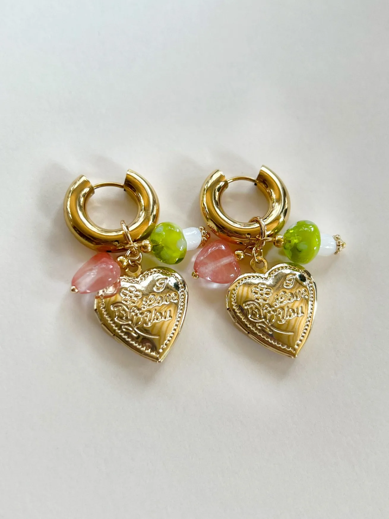 Heart Locket Chunky Hoops - Green Mushroom/Watermelon heart crystal