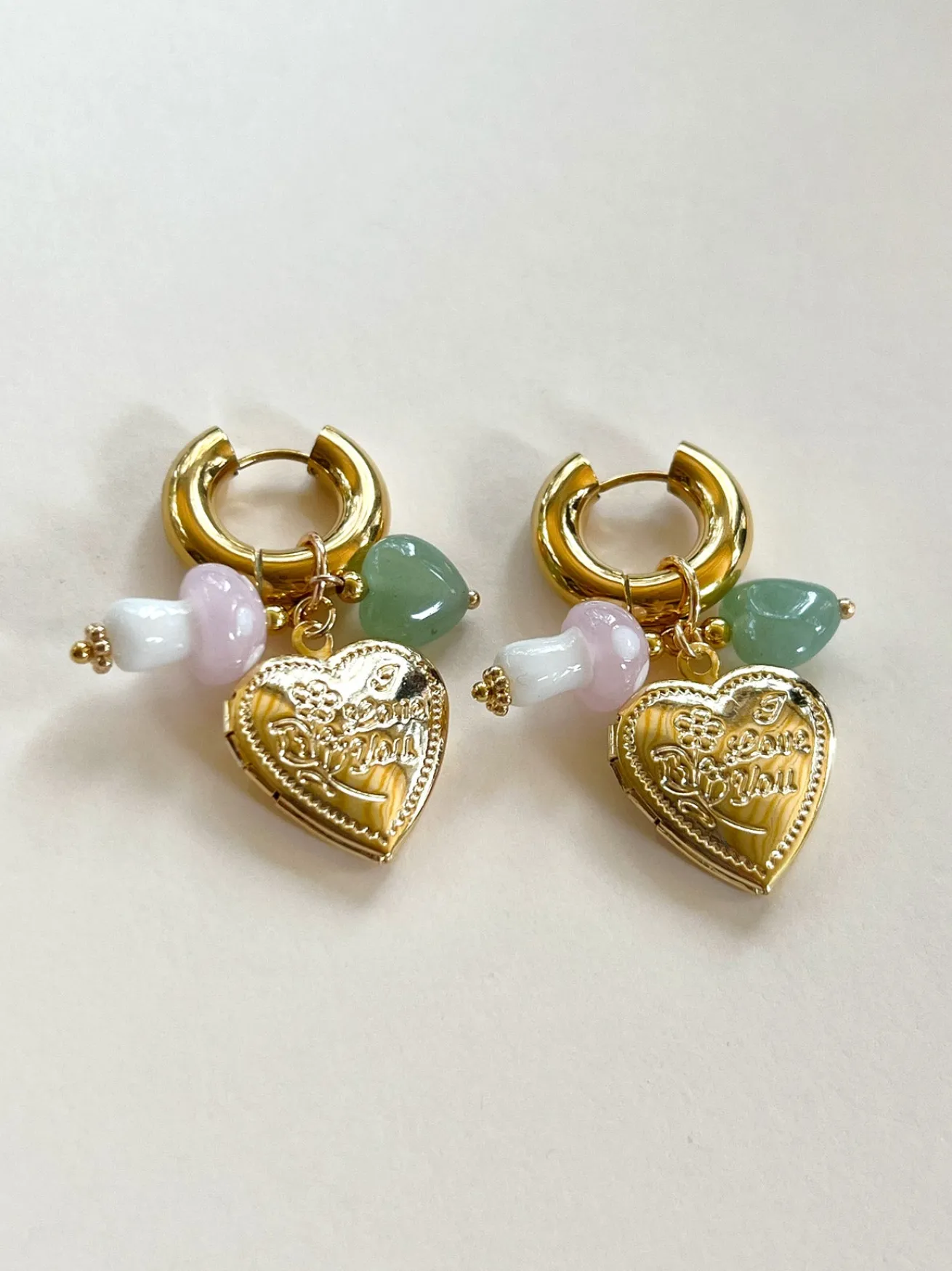 Heart Locket Chunky Hoops - Pink Mushroom/Jade heart crystal