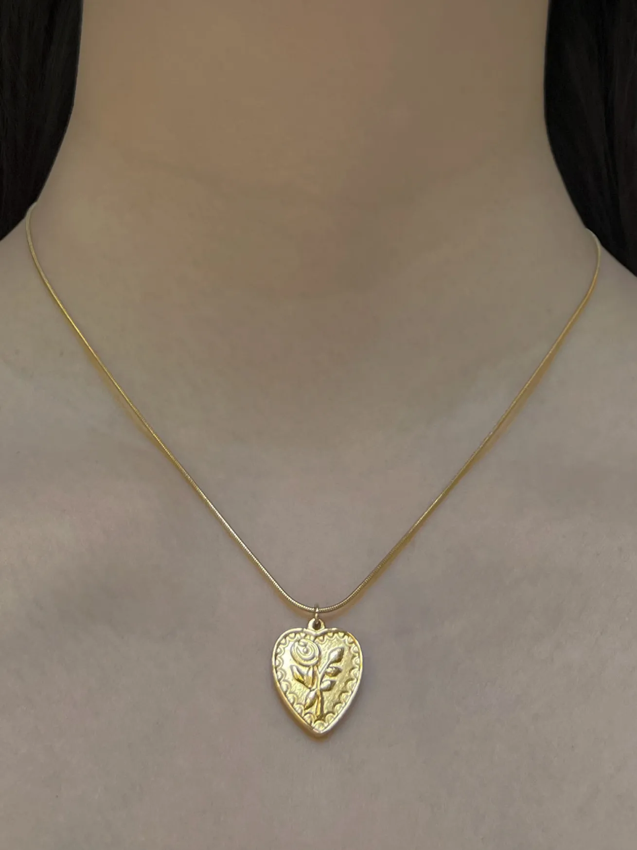 Heart Rose Pendant Necklace - Stainless Steel, Gold