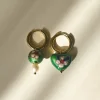 Heart-shaped Green Flower Cloisonne Mismatched Hoops