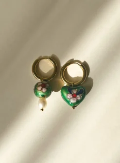 Heart-shaped Green Flower Cloisonne Mismatched Hoops