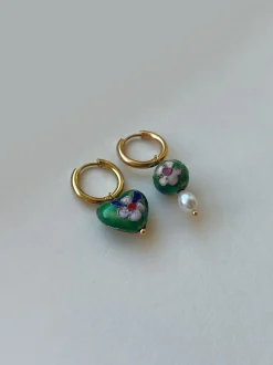 Heart-shaped Green Flower Cloisonne Mismatched Hoops
