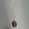 Large Pearl Pendant Necklace with Carved Flowers - Purple