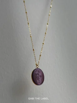 Large Pearl Pendant Necklace with Carved Flowers - Purple