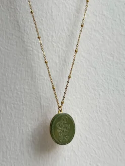 Large Pearl Pendant Necklace with Carved Flowers - Green
