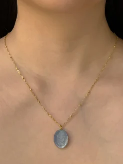 Large Pearl Pendant Necklace with Carved Flowers - Blue
