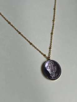 Large Pearl Pendant Necklace with Carved Flowers - Purple