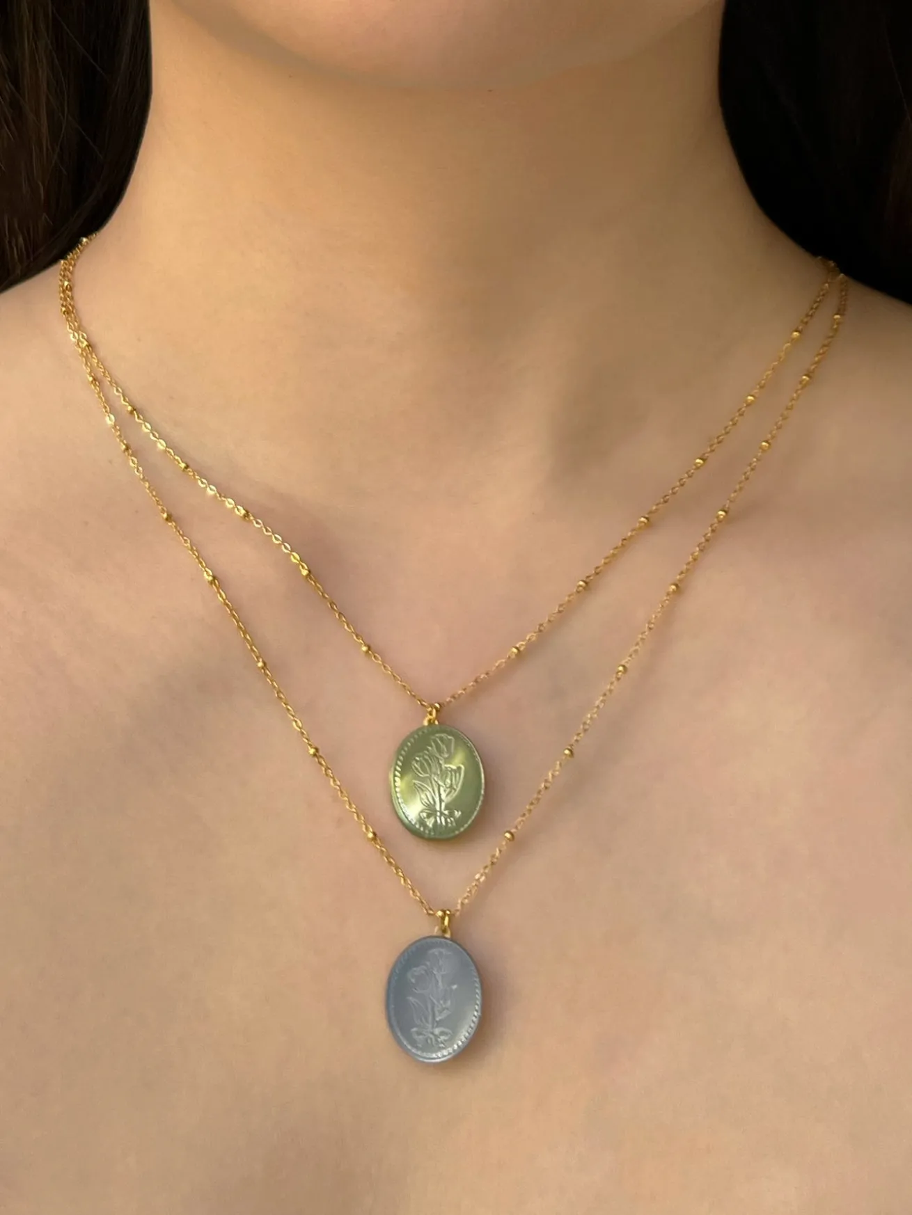 Large Pearl Pendant Necklace with Carved Flowers - Green