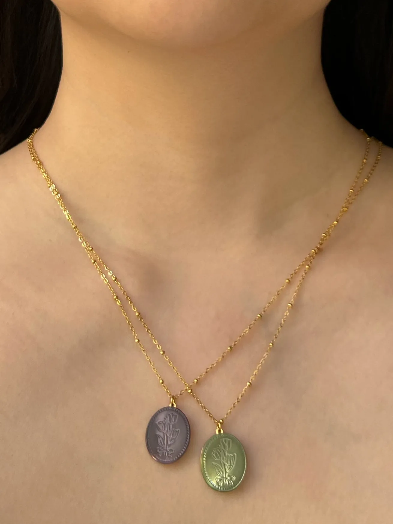 Large Pearl Pendant Necklace with Carved Flowers - Green