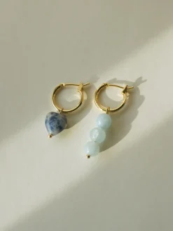 Little Stone Heart Mismatched Hoops - Blue