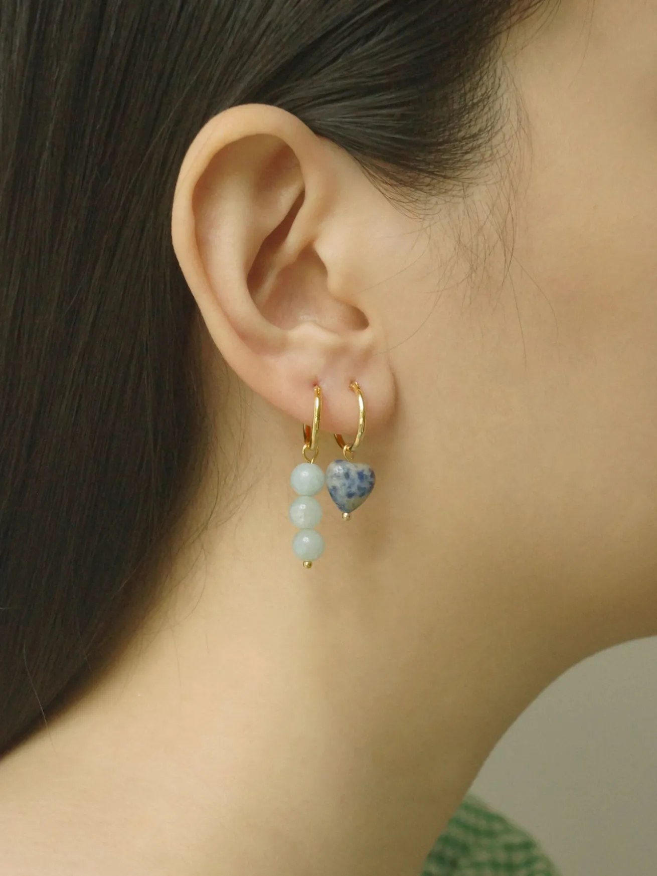 Little Stone Heart Mismatched Hoops - Blue