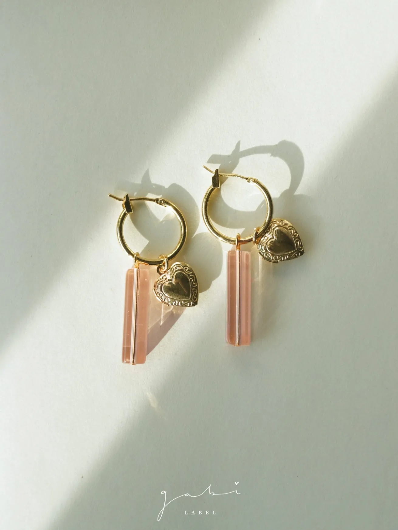 Locket & Glass Dangle Hoops - Pink