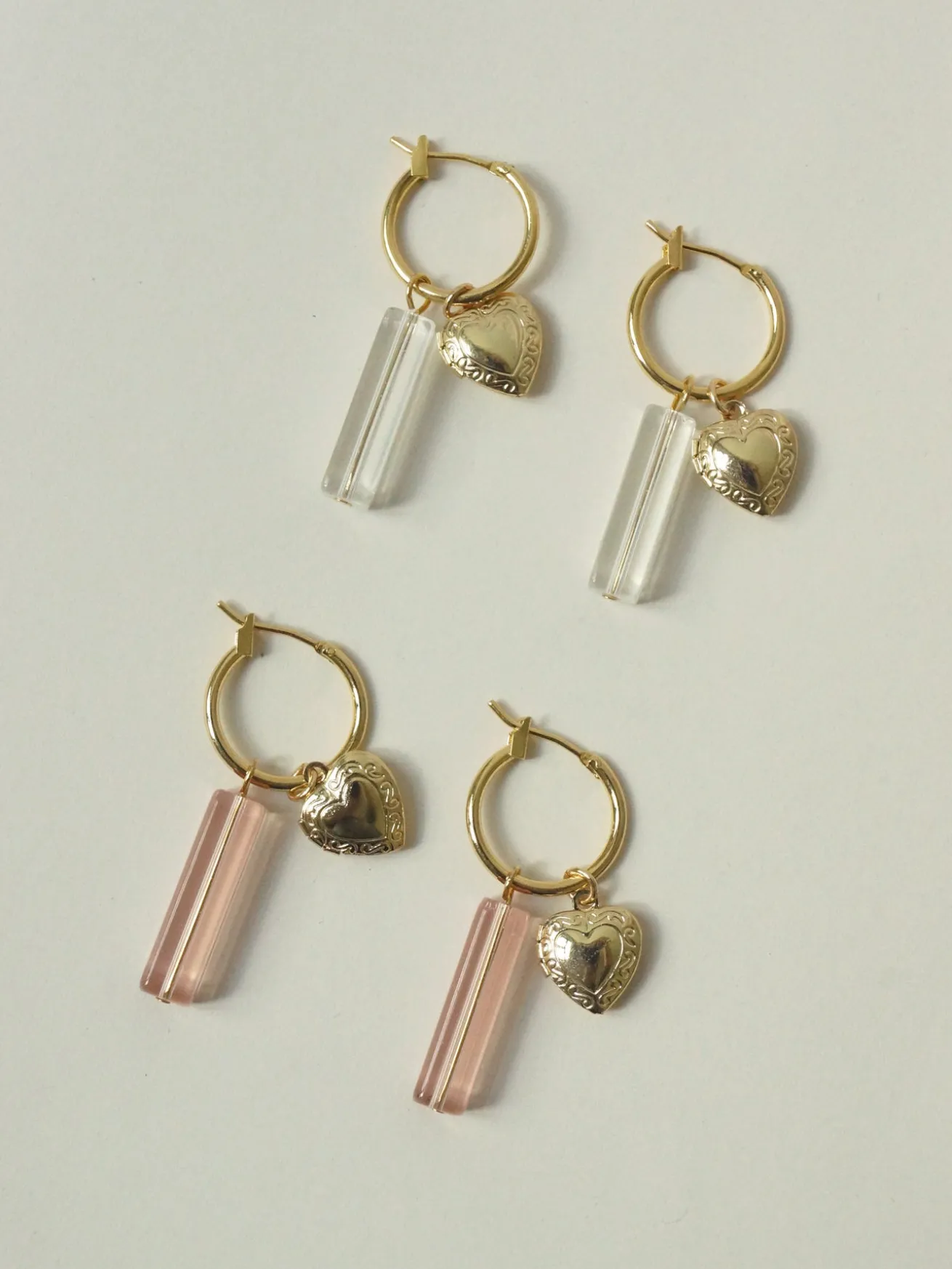 Locket & Glass Dangle Hoops - Pink