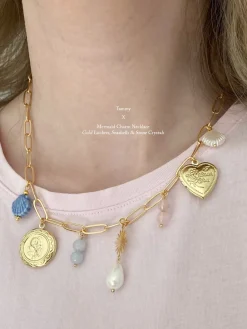 Mermaid Charm Necklace - Gold Lockets, Seashells & Stone Crystals