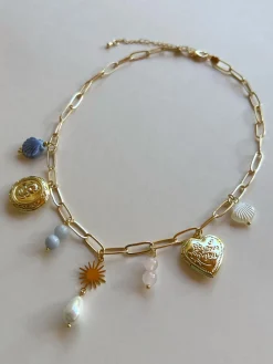 Mermaid Charm Necklace - Gold Lockets, Seashells & Stone Crystals