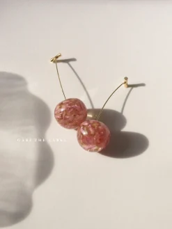 MIKA Floral Cherry Earrings - Clear Pink *Gold-plated stems