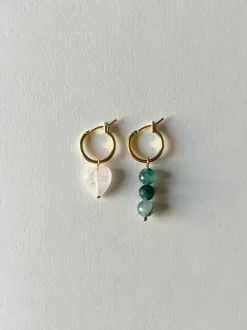 Mismatched Stone Hoop Earrings - Clear Quartz/Green