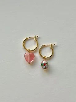 Mismatched Stone Hoop Earrings - Watermelon Pink/Cloisonne