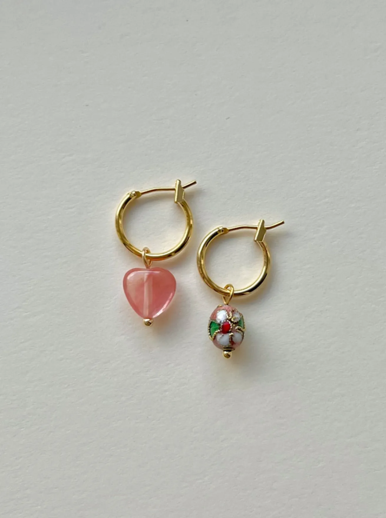 Mismatched Stone Hoop Earrings - Watermelon Pink/Cloisonne