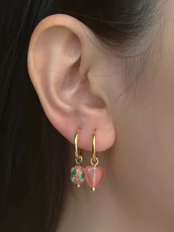 Mismatched Stone Hoop Earrings - Watermelon Pink/Cloisonne
