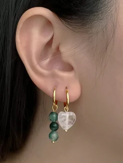 Mismatched Stone Hoop Earrings - Clear Quartz/Green
